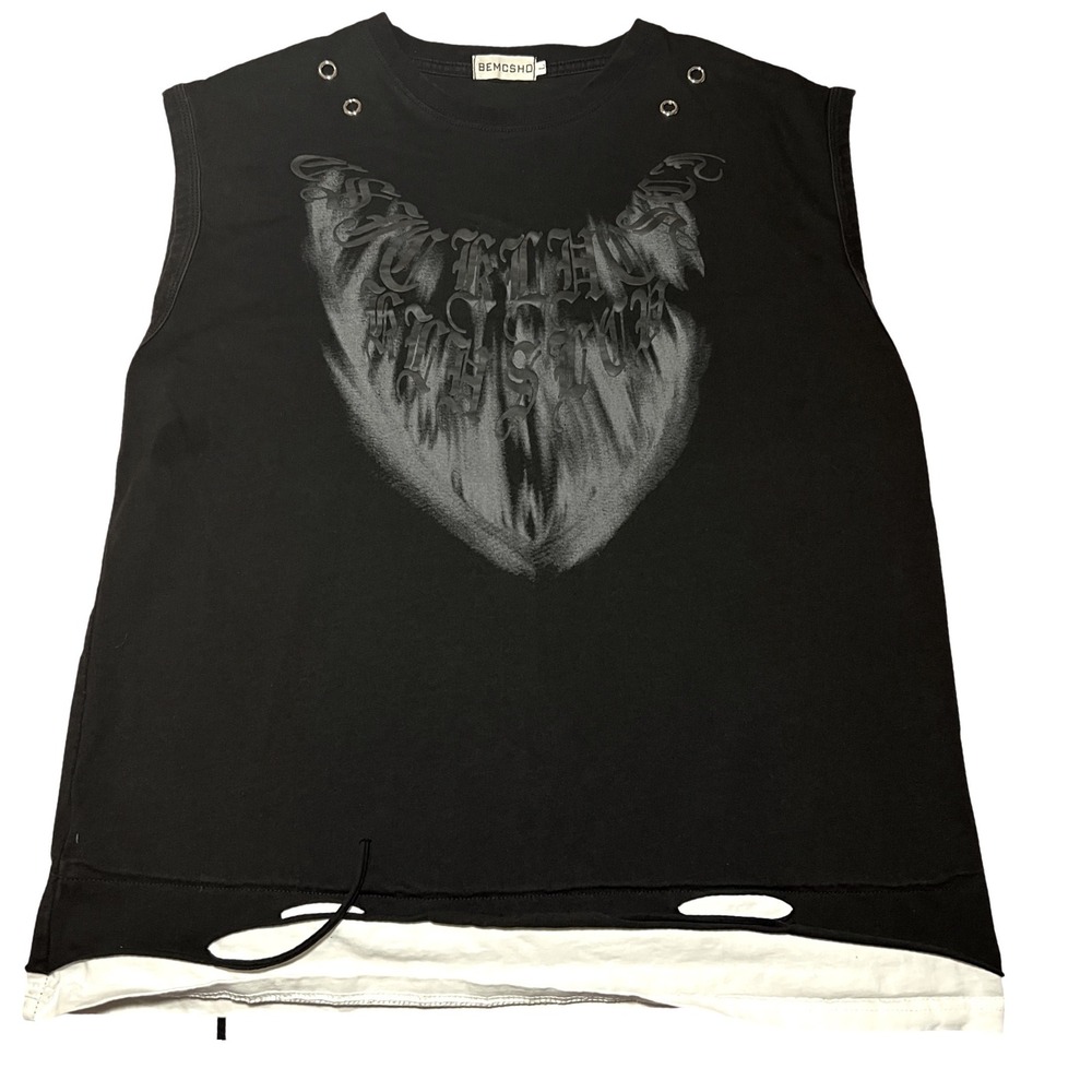 BEMCSHO Black Gothic Graphic Sleeveless Top Grommet Distressed Layered Hem Large